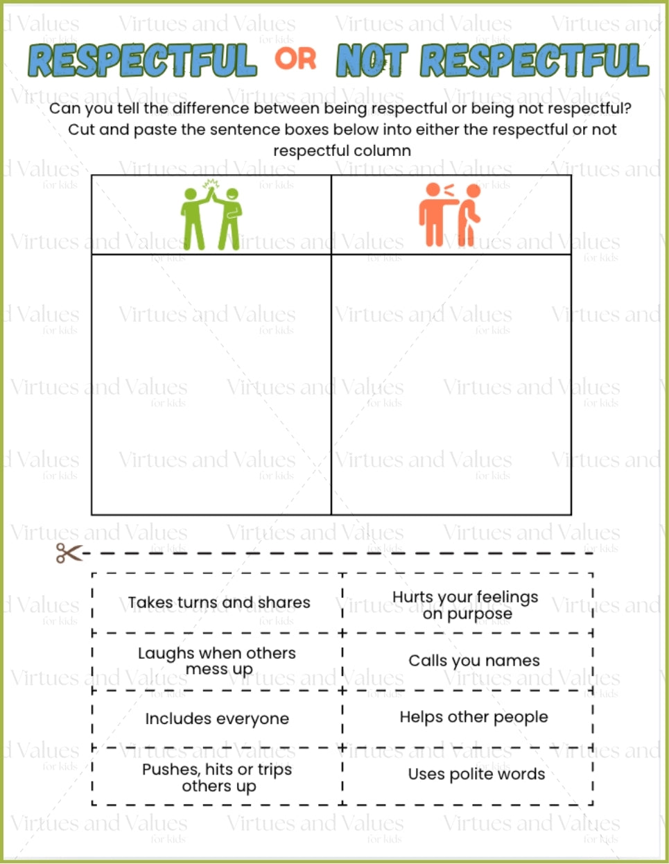 Respectful Sorting Respect Resources – Virtues and Values for Kids